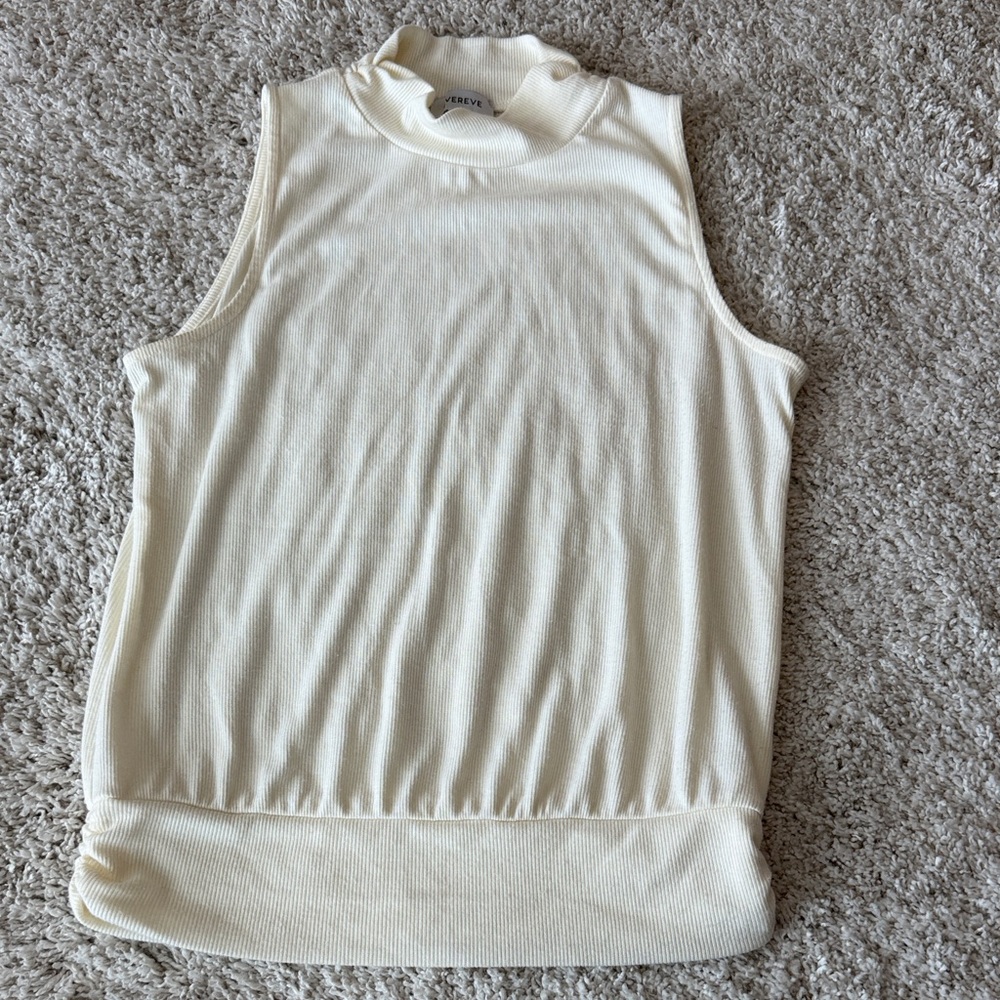 Evereve Cream Ribbed Sleeveless Mock Neck Tank